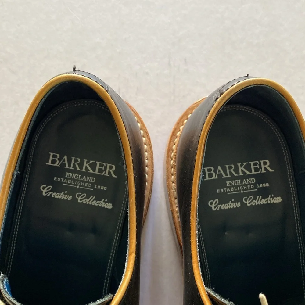 BARKER Men's Black Leather Derby Shoes with Tan Trim 9UK /10US. Made in England